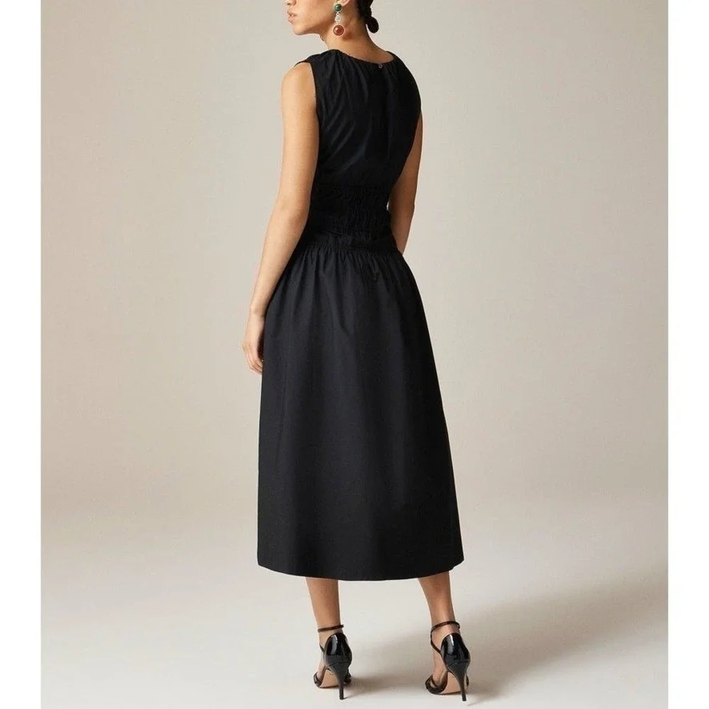 J. Crew Hyacinth Black Sleeveless Smocked Waist Midi Dress Style CI931 XS